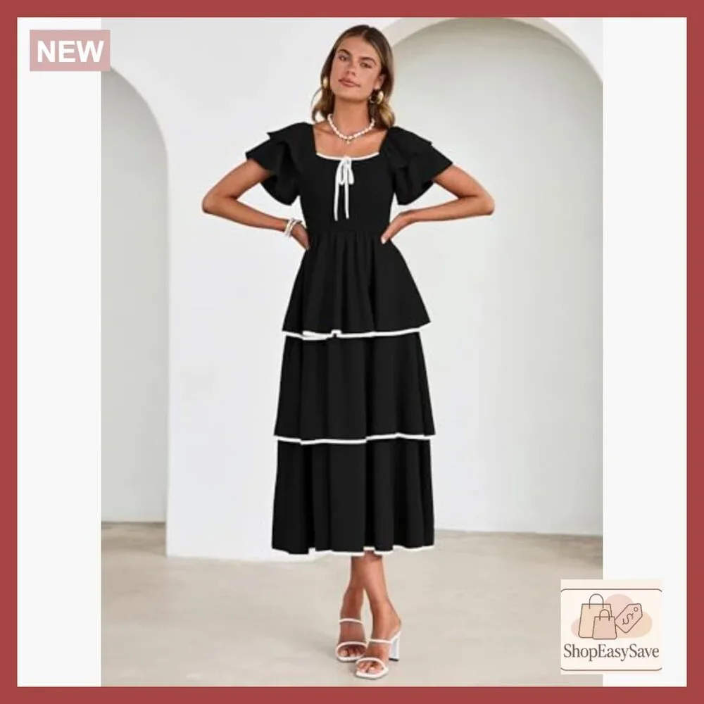 Boho Maxi Dress Smocked Tiered Square Neck Ruffle Casual Wedding Guest - Picture 4 of 7